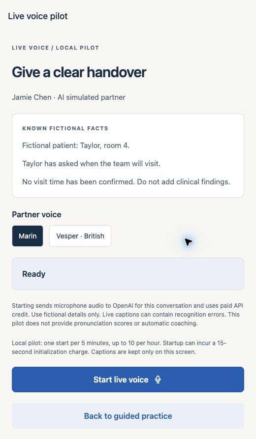 Wardwise practice screen with a fictional handover case